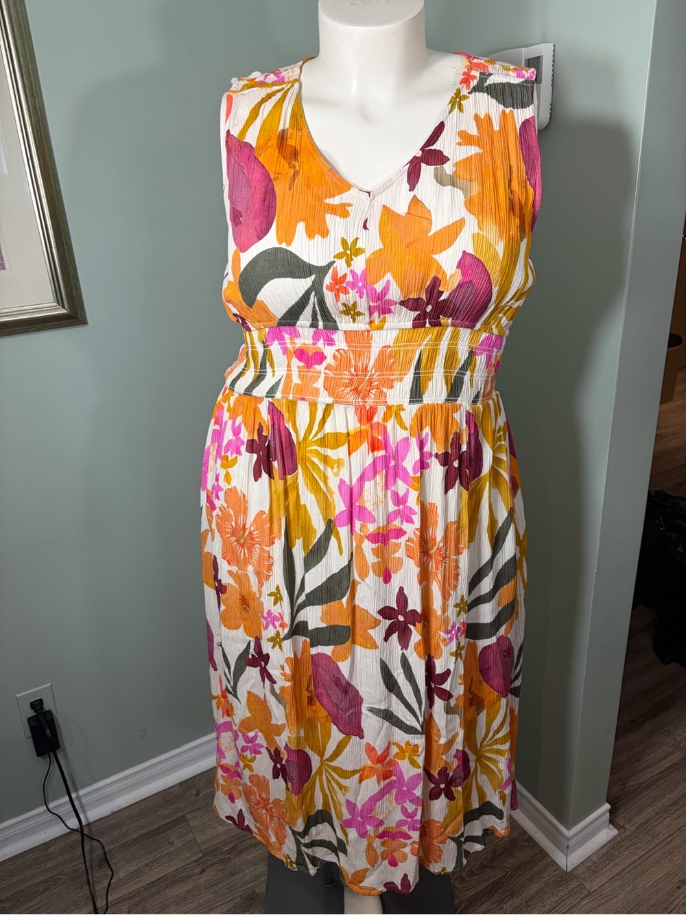 109. CHARLIE B White Maxi Dress with Orange & Pink Floral Print